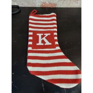 Knit Initial Christmas Stocking K "K" Red White Striped Red Lining v